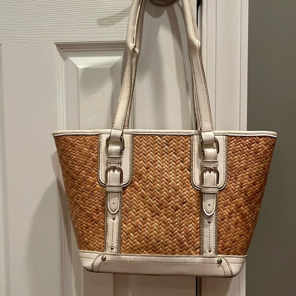 Etienne Aigner straw/bone leather summer tote.